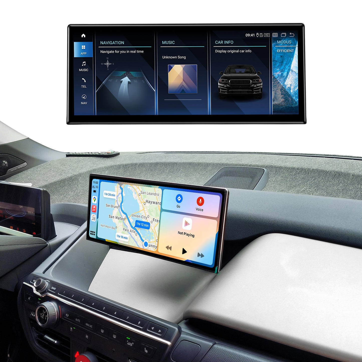 PEMP (5803) Ultra-Thin 12.3" Android 13 Screen for BMW i3 l01 EVO (2018-2020) Wireless and Wired CarPlay Android Auto Screen Calls Using the OEM Microphone.